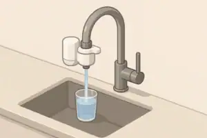 Faucet with a small mount filter attached in a kitchen