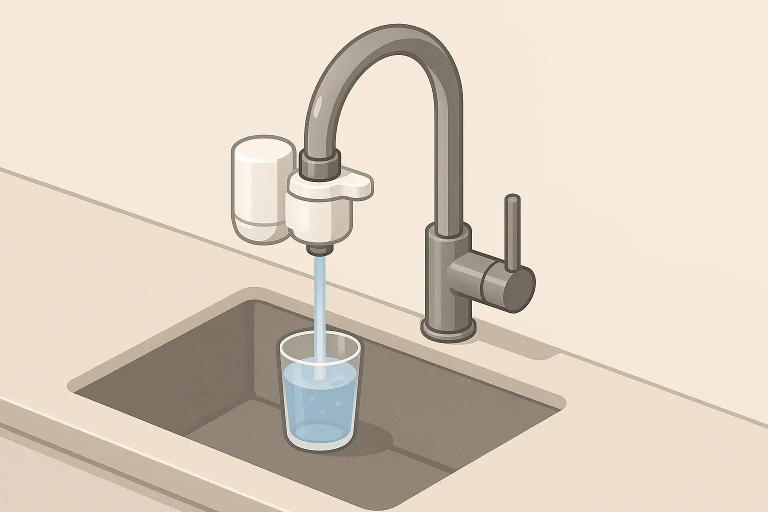 Faucet with a small mount filter attached in a kitchen