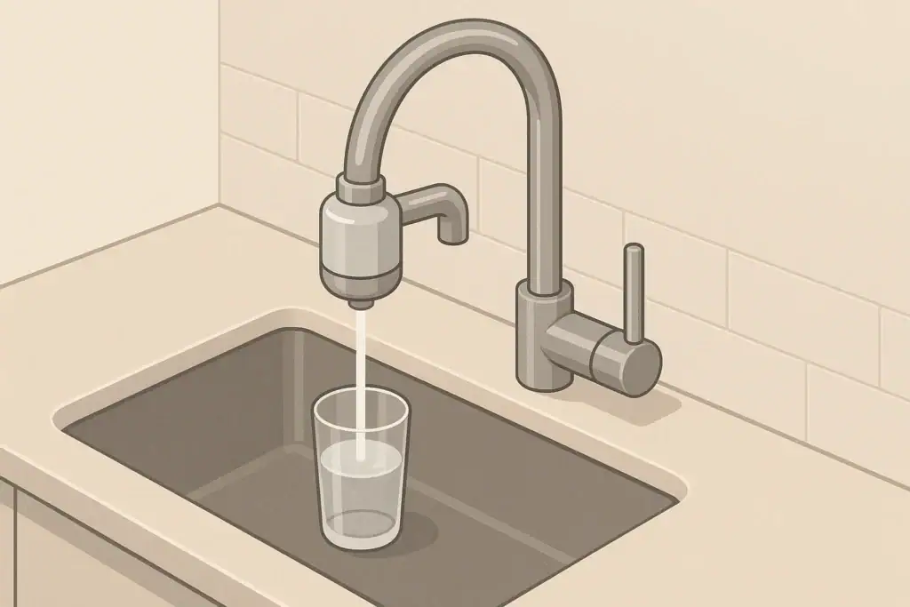 Isometric illustration of faucet with a small filter attachment