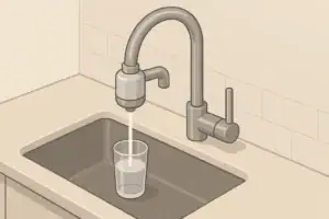 Isometric illustration of faucet with a small filter attachment
