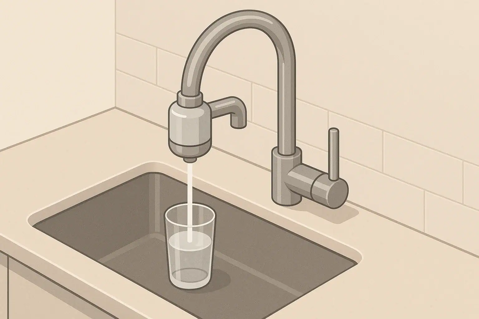 Isometric illustration of faucet with a small filter attachment