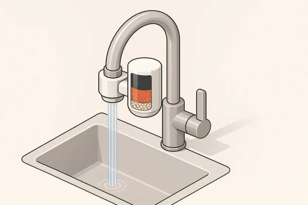 Isometric faucet mounted water filter with flowing water