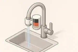 Isometric faucet mounted water filter with flowing water