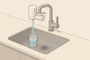 Isometric illustration of a faucet-mounted water filter in use