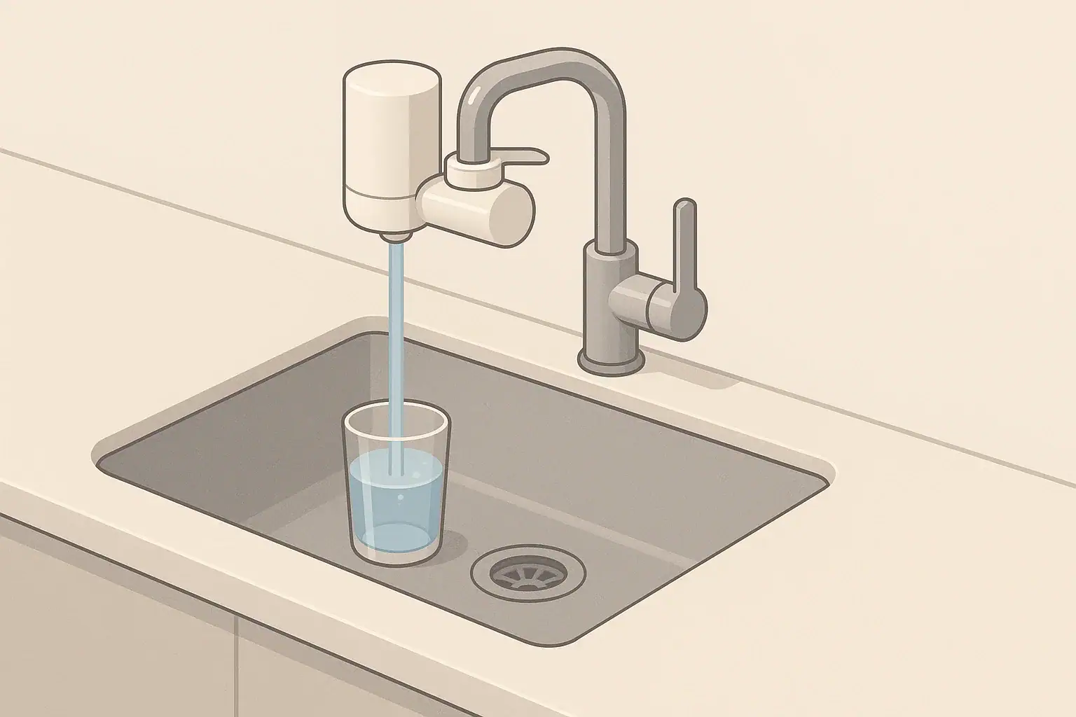 Isometric illustration of a faucet-mounted water filter in use