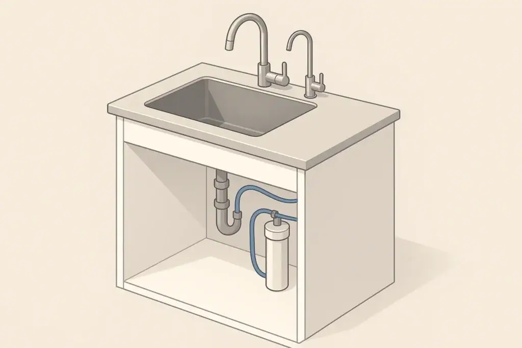 Isometric kitchen showing an under-sink water filter system