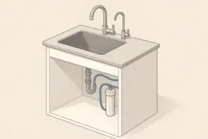 Isometric kitchen showing an under-sink water filter system