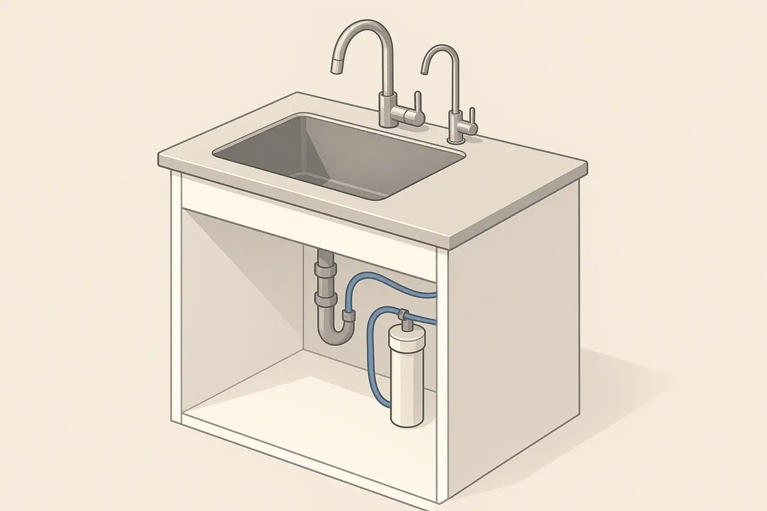 Isometric kitchen showing an under-sink water filter system