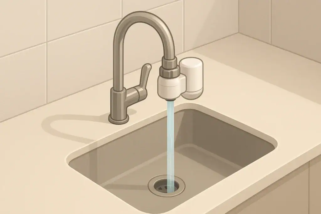 Isometric illustration of a kitchen faucet with filter attachment