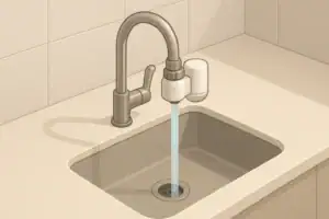 Isometric illustration of a kitchen faucet with filter attachment