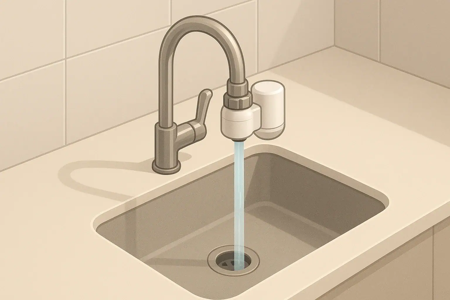 Isometric illustration of a kitchen faucet with filter attachment