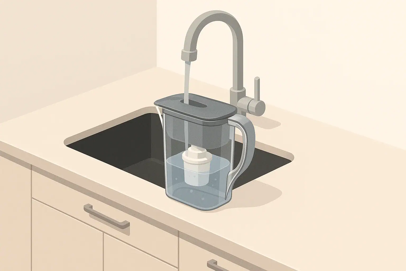 isometric kitchen scene with generic water filter pitcher