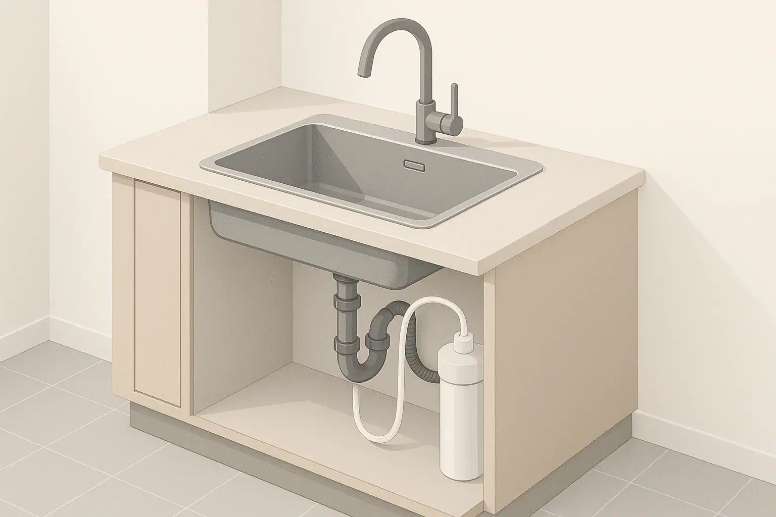 under sink cabinet cutaway showing no drill water filter