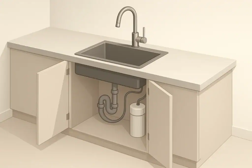 Isometric under-sink water filter system beneath a kitchen sink