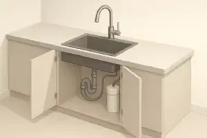 Isometric under-sink water filter system beneath a kitchen sink