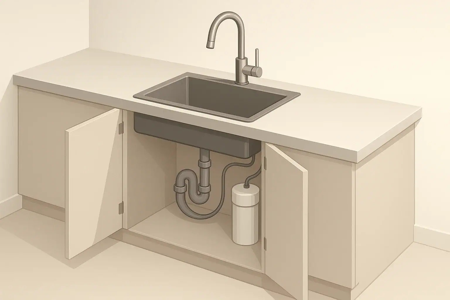 Isometric under-sink water filter system beneath a kitchen sink
