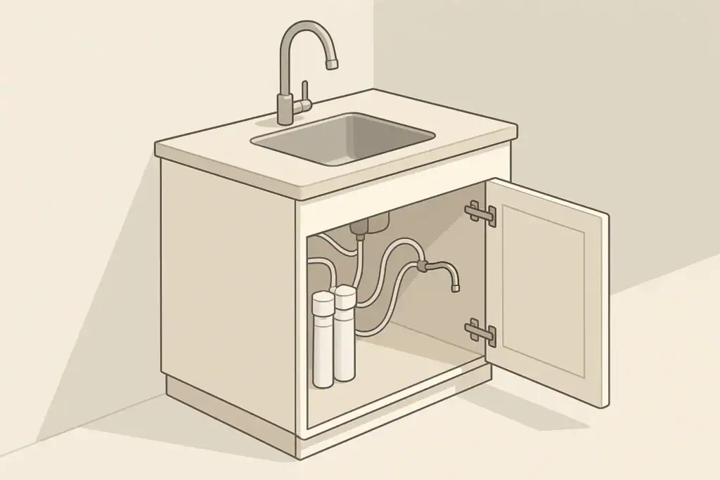 isometric illustration of compact under-sink water filter in apartment