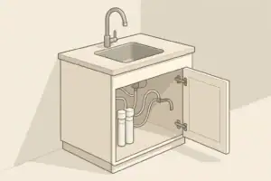 isometric illustration of compact under-sink water filter in apartment