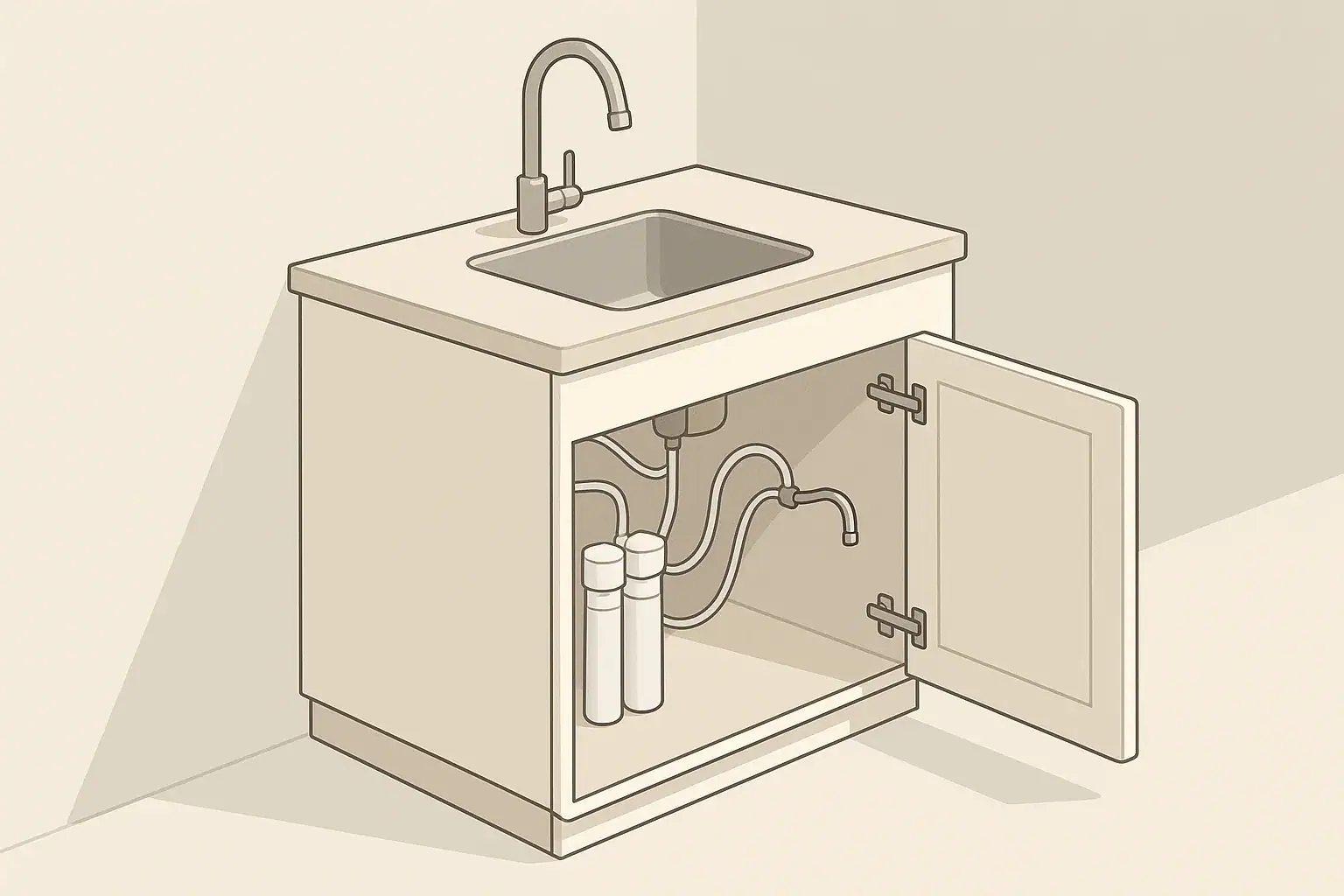 isometric illustration of compact under-sink water filter in apartment