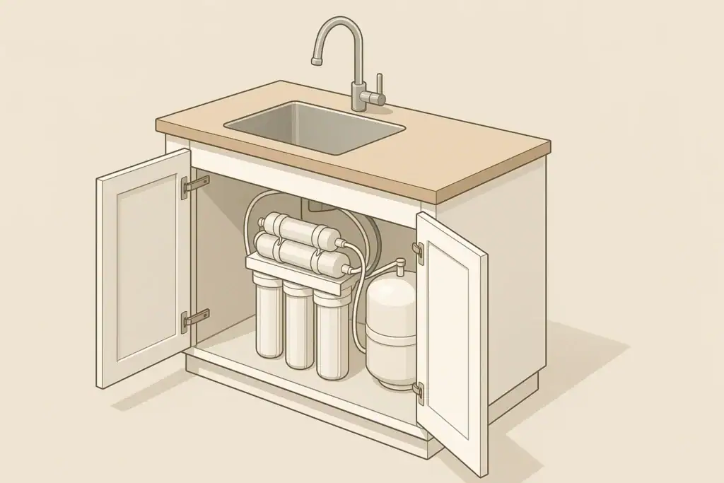 Isometric view of compact under sink reverse osmosis system