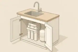Isometric view of compact under sink reverse osmosis system