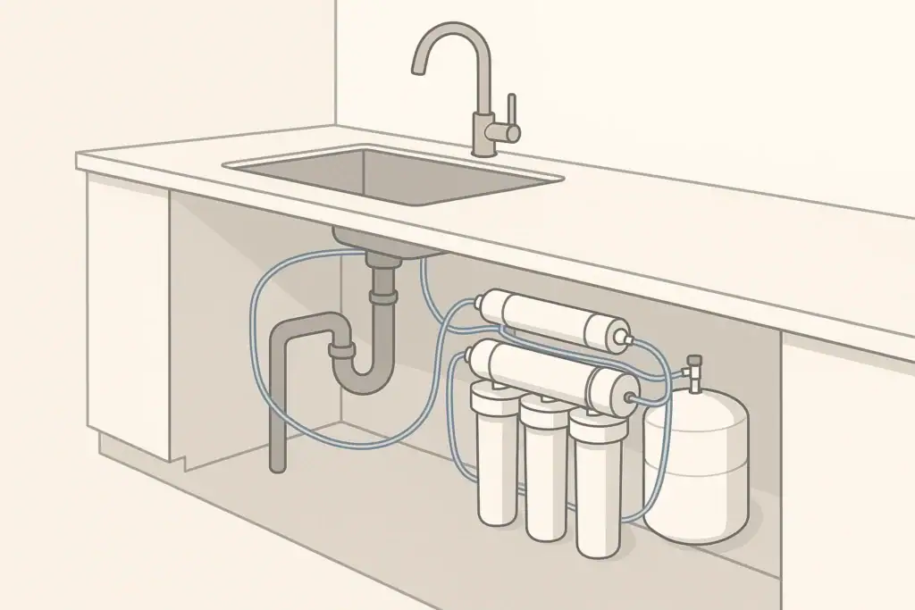 Isometric illustration of a home reverse osmosis filtration system under a kitchen sink