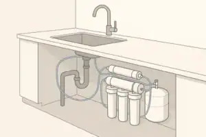 Isometric illustration of a home reverse osmosis filtration system under a kitchen sink