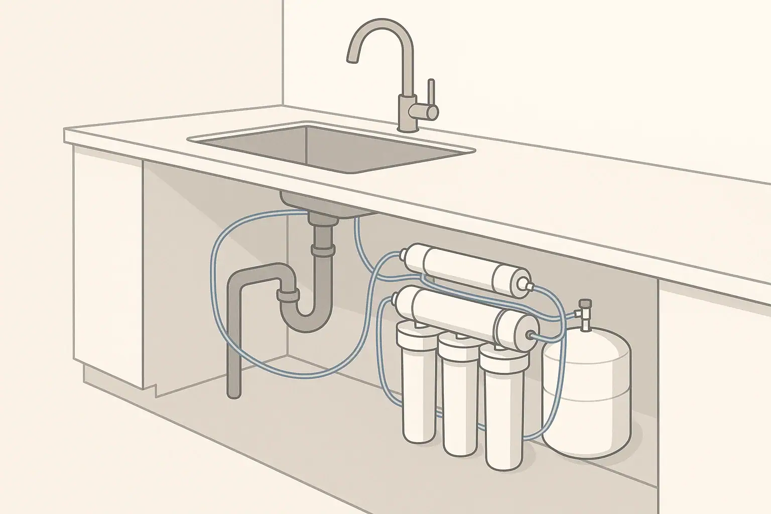 Isometric illustration of a home reverse osmosis filtration system under a kitchen sink