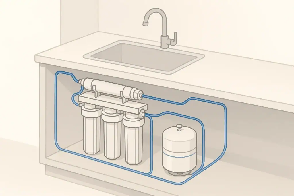 Isometric illustration of a multi-stage reverse osmosis filter system under a sink