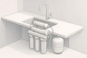 Isometric illustration of a home reverse osmosis water filtration system