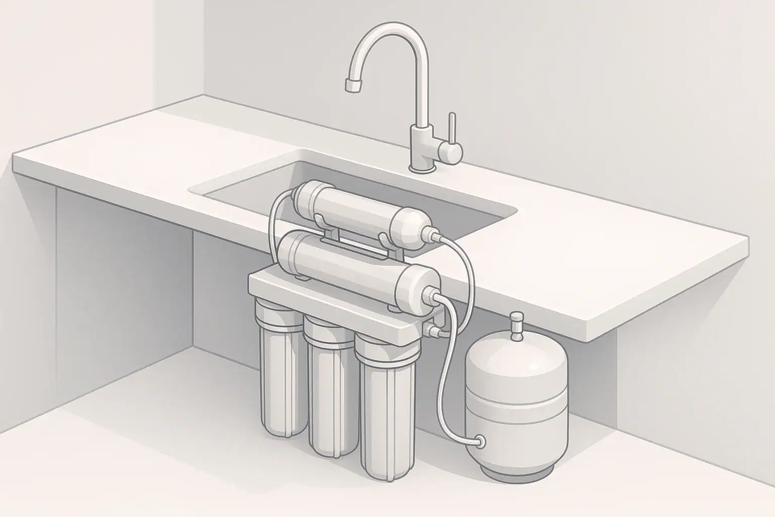 Isometric illustration of a home reverse osmosis water filtration system