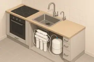 Under-sink reverse osmosis system with storage tank in kitchen