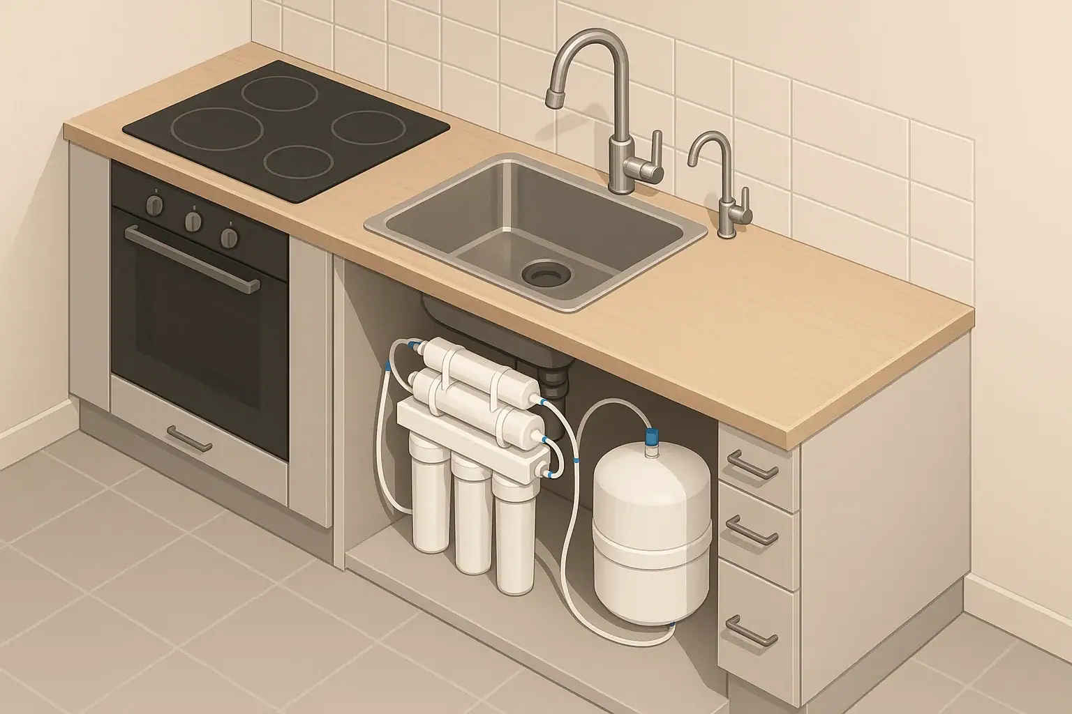 Under-sink reverse osmosis system with storage tank in kitchen