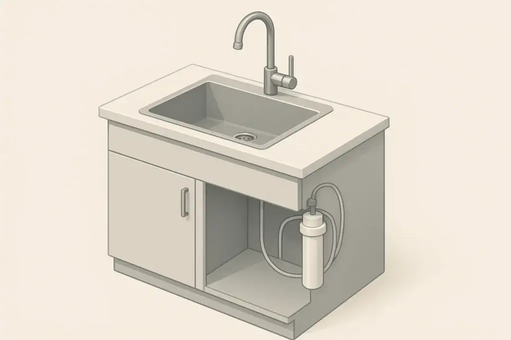 Isometric cutaway of under-sink water filter in modern kitchen