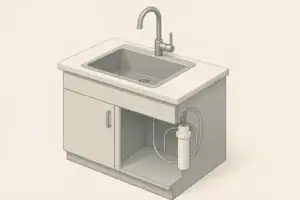 Isometric cutaway of under-sink water filter in modern kitchen