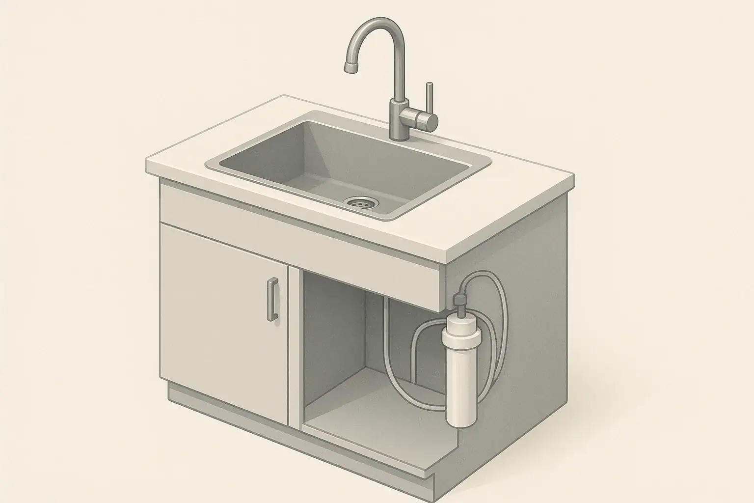 Isometric cutaway of under-sink water filter in modern kitchen