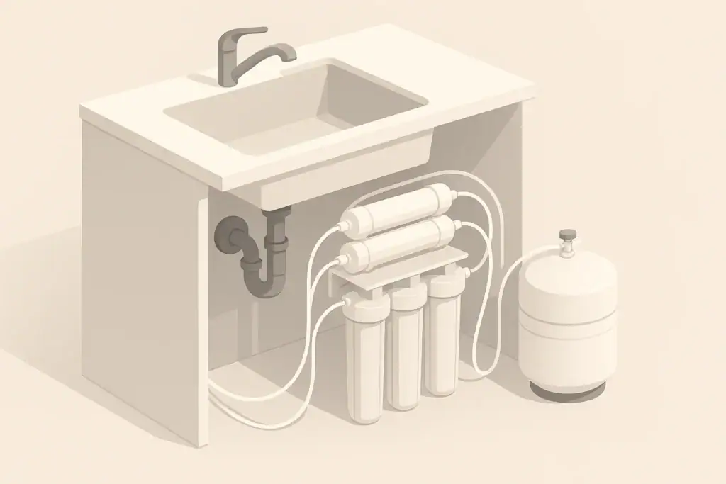 isometric reverse osmosis system with multiple filter stages under sink