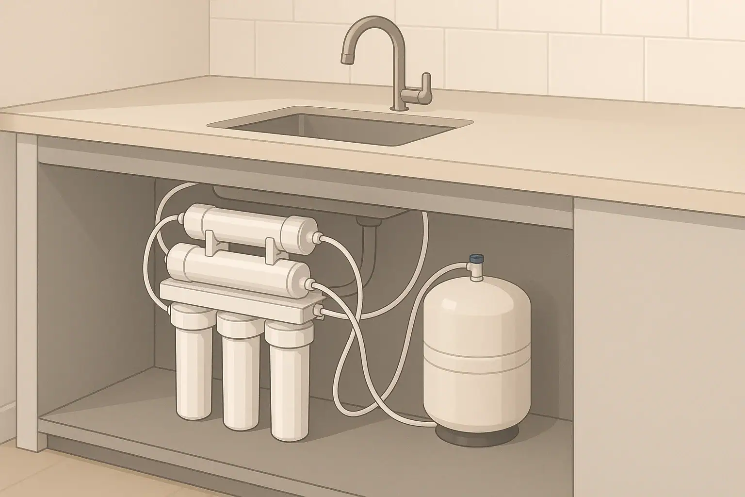 Isometric under-sink reverse osmosis system with storage tank
