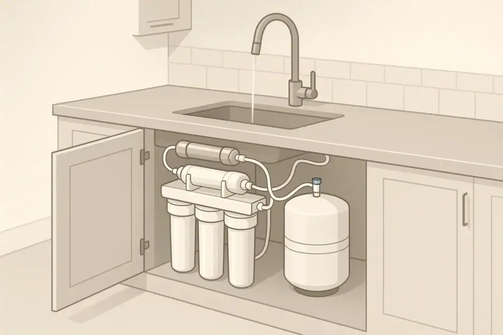 Isometric illustration of a UV and RO water filtration setup