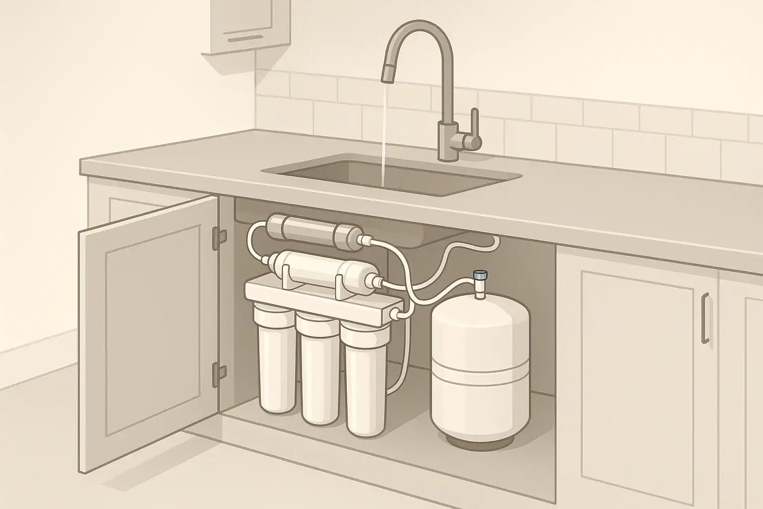 Isometric illustration of a UV and RO water filtration setup