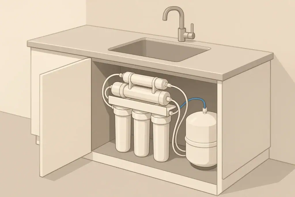 Isometric illustration of a home reverse osmosis filtration system