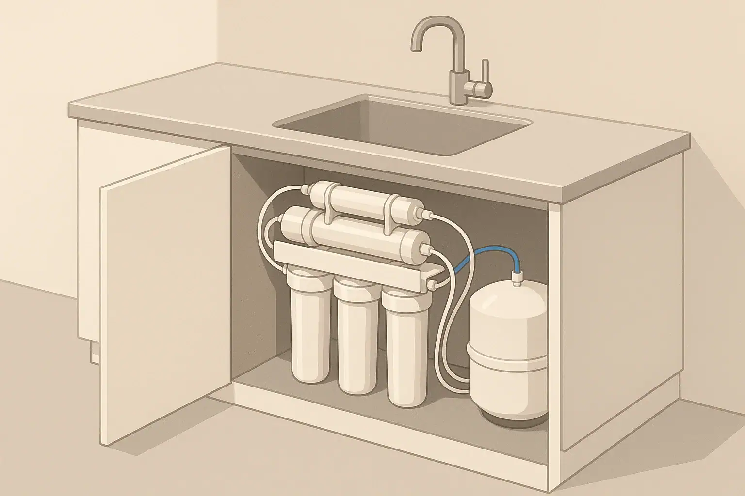 Isometric illustration of a home reverse osmosis filtration system