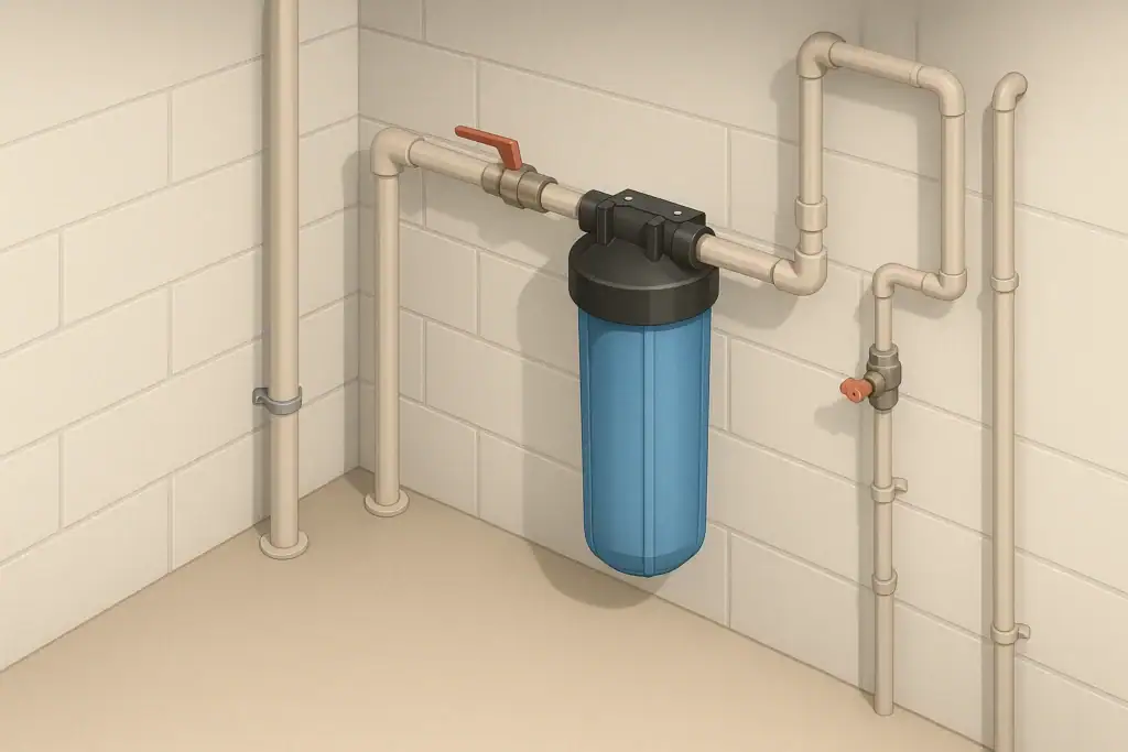 Isometric basement scene with a whole house water filter