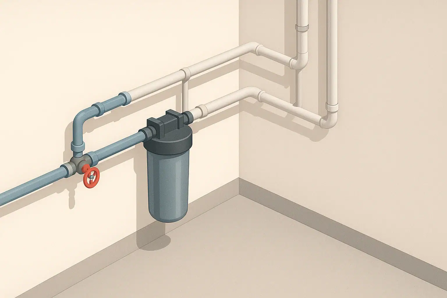 isometric basement scene with whole house water filter on main line