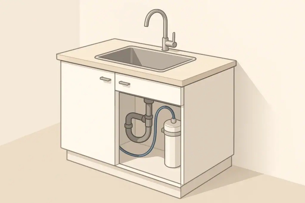 isometric cutaway view of under-sink water filter system