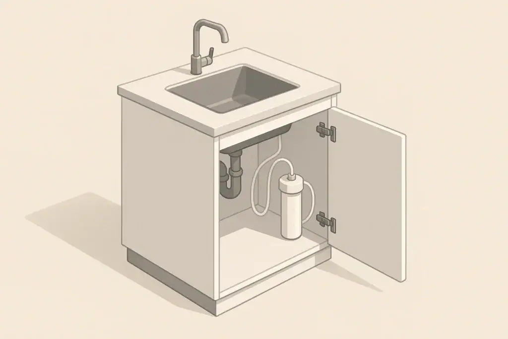 under-sink cabinet with a single sediment prefilter installed