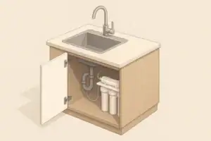 Isometric cutaway showing multi-stage under-sink water filter system