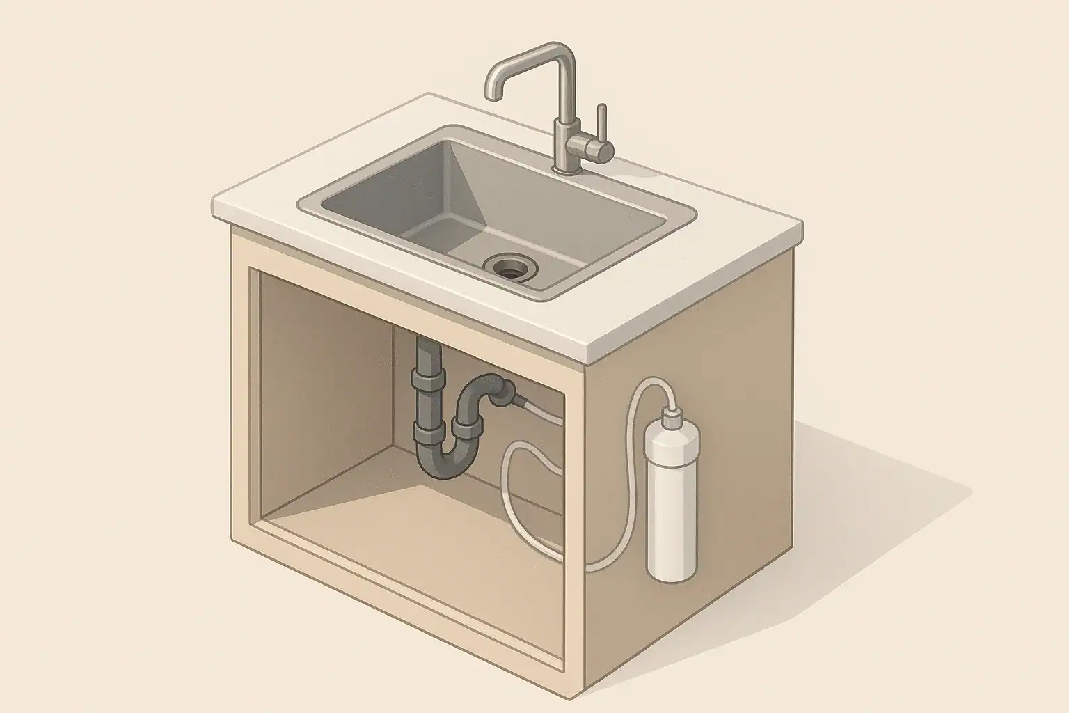 Isometric kitchen showing under-sink water filter canister