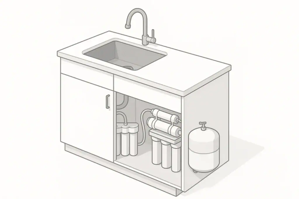 Isometric under-sink view comparing standard and RO filters