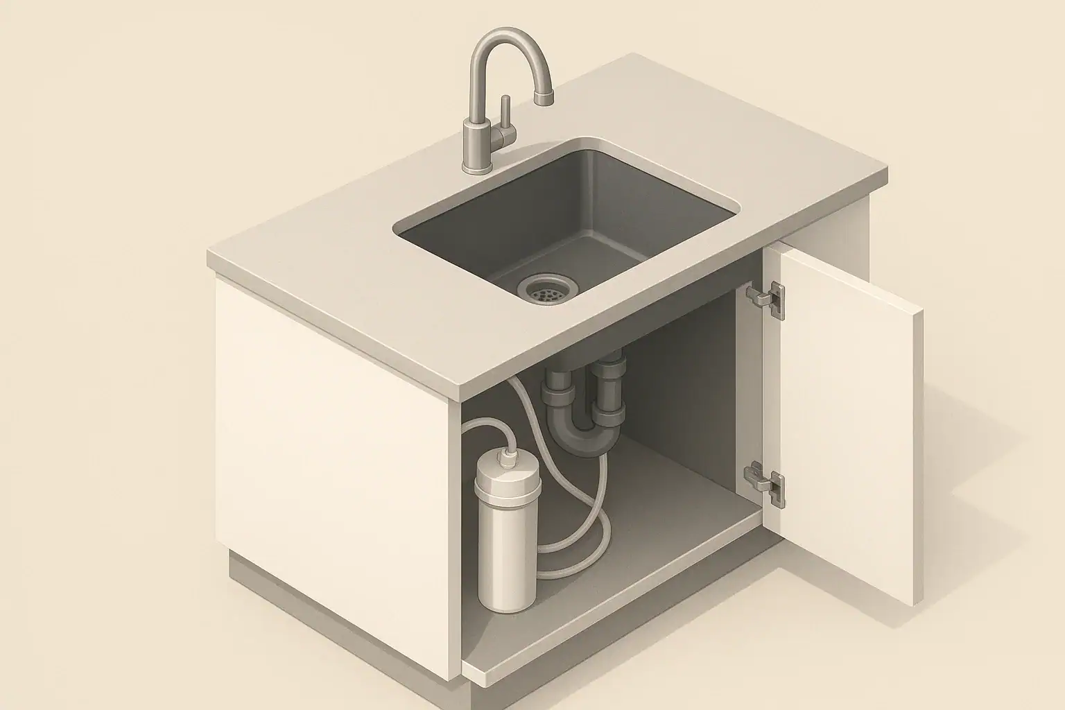 isometric cutaway showing under-sink water filter in modern kitchen
